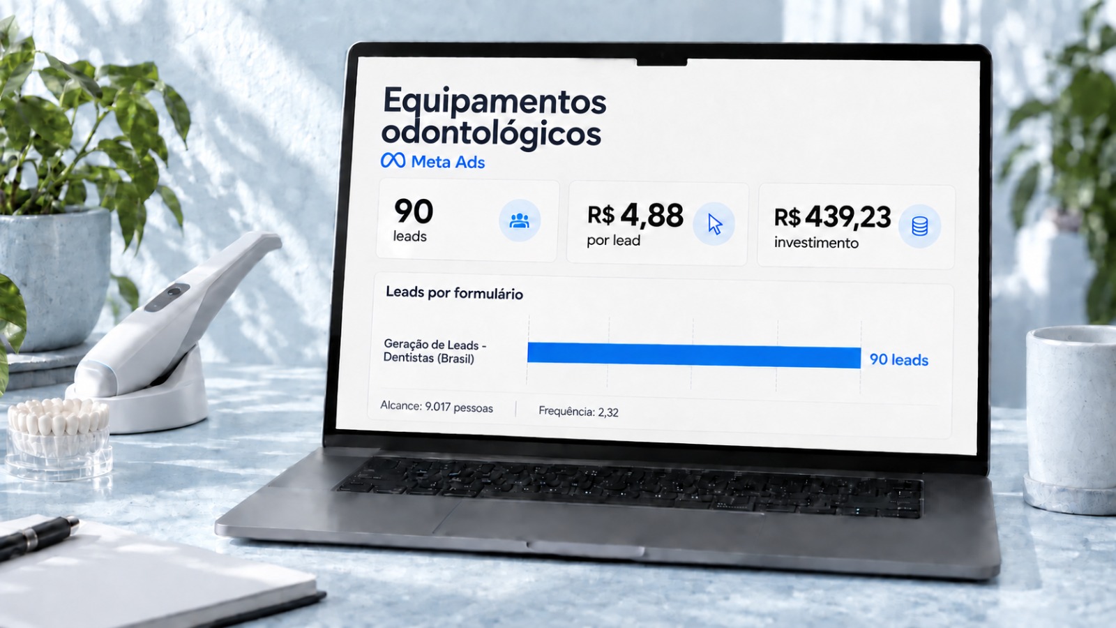 Dashboard de resultados da campanha Meta Ads para loja de equipamentos odontológicos